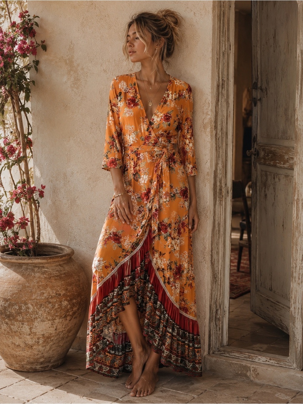 Farm Rio Anthropologie XS/P orange 3/4 sleeve high low floral print dress cotton